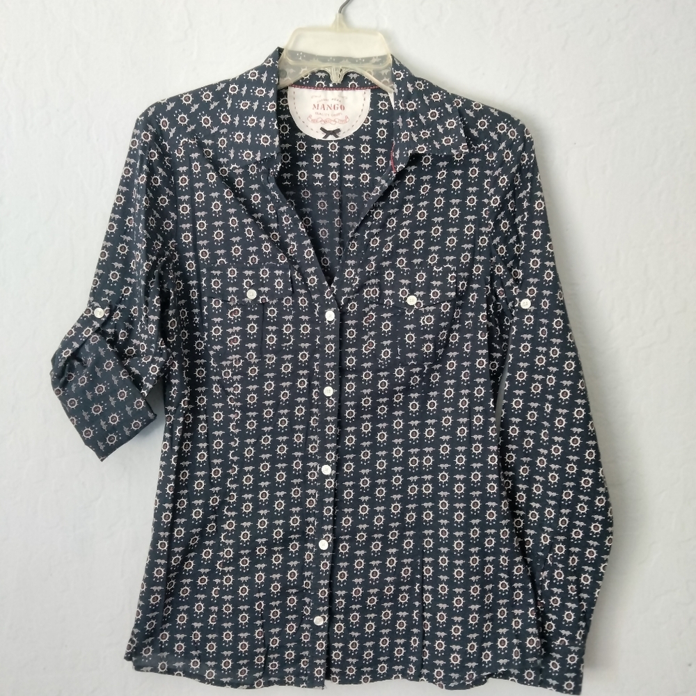 Mango Casual Wear Y2K Navy Nautical Print Button-Up Shirt Women's Size 8 V-Neck